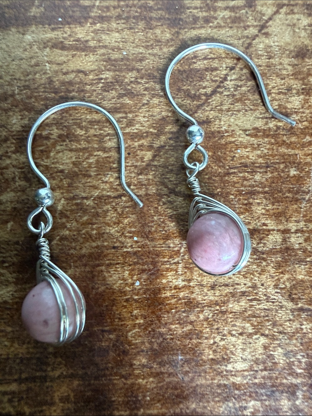 Handmade Sterling Silver Wire Wrapped Pink Stone Dangle Earrings